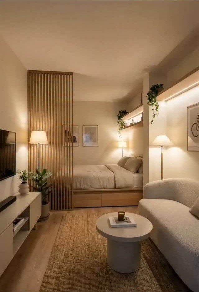 Light wooden flooring in a modern, warm-toned living room and bedroom interior setting.