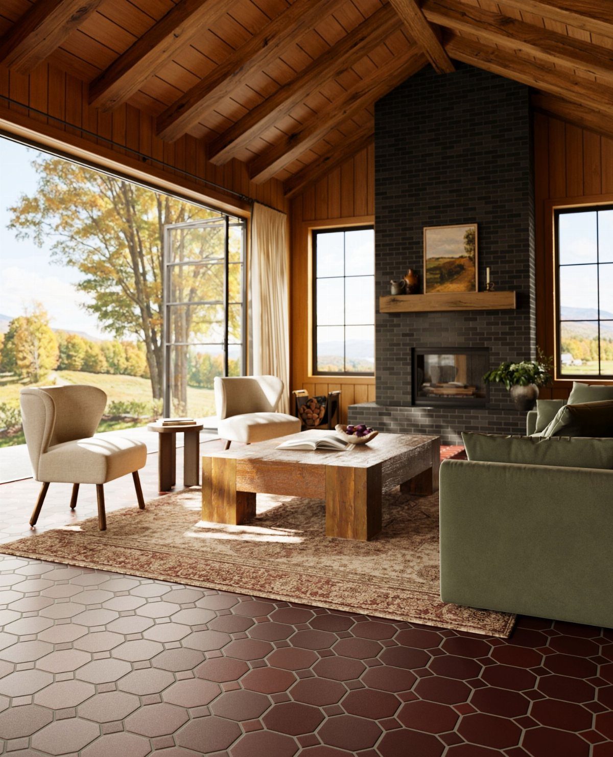 Reddish-brown patterned ceramic tile flooring in a modern living room with wooden furniture.