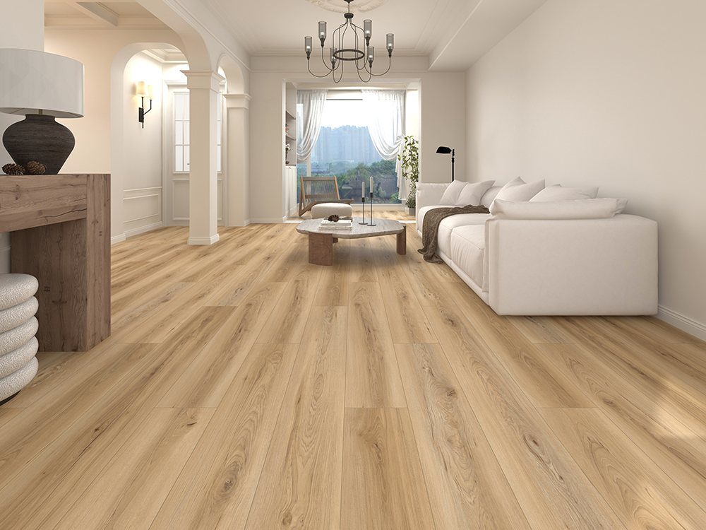 Light oak wide plank flooring in a bright, modern living room with white furniture.