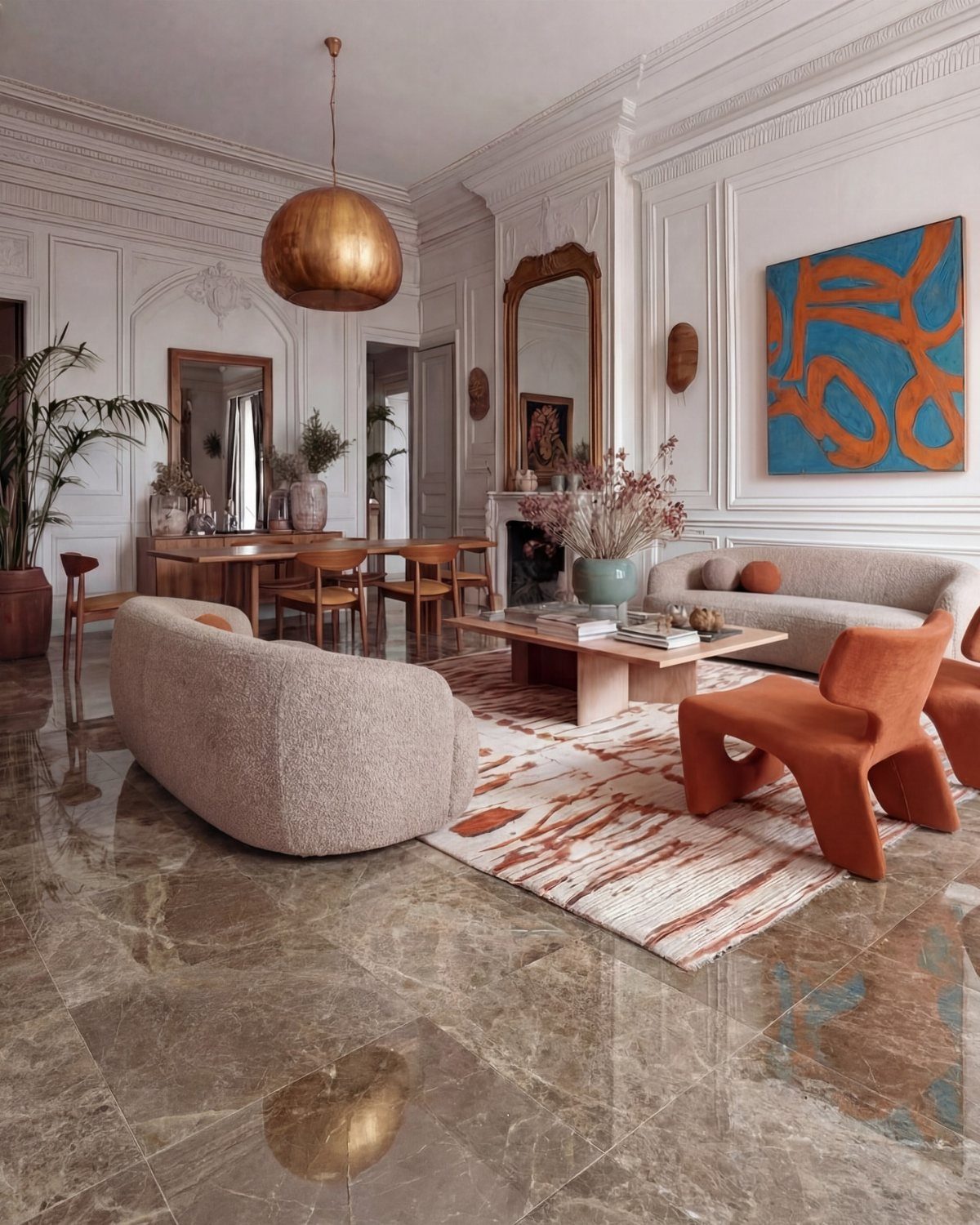 Polished marble natural stone flooring with grey veining in a modern, luxurious living room setting.
