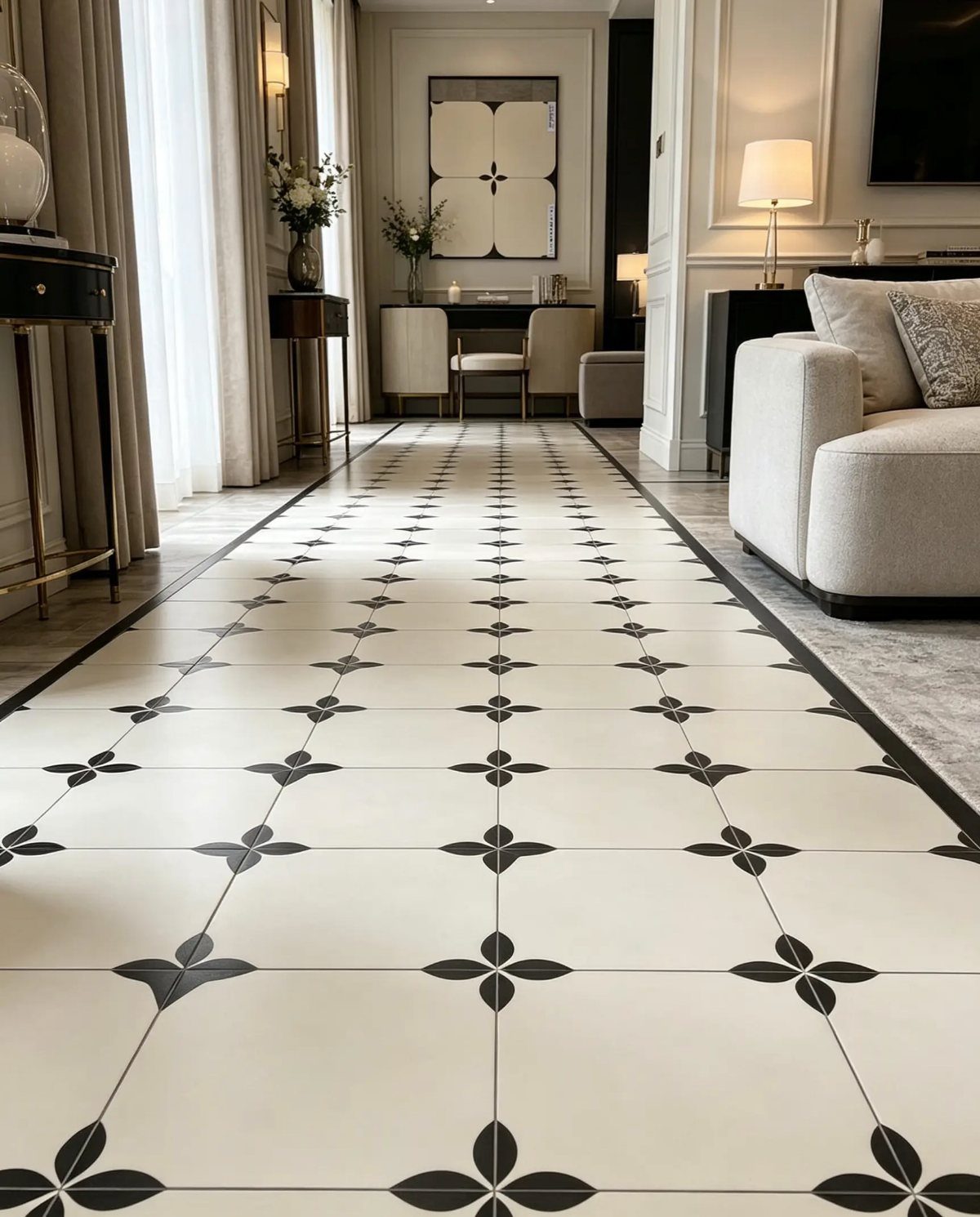 White floor tiles with a black floral pattern in a modern living room setting.