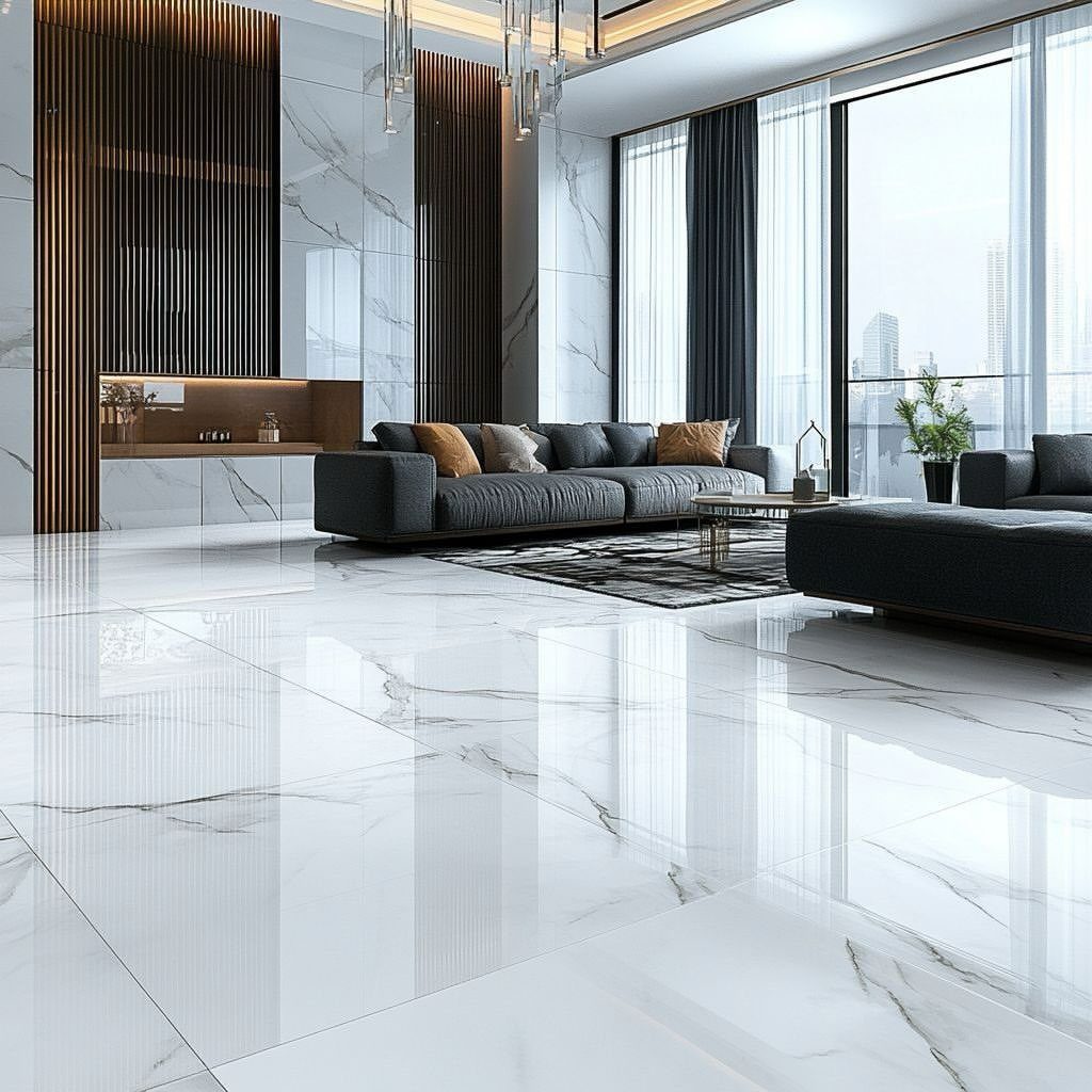 Polished white marble tile flooring with gray veins in a modern living room setting.