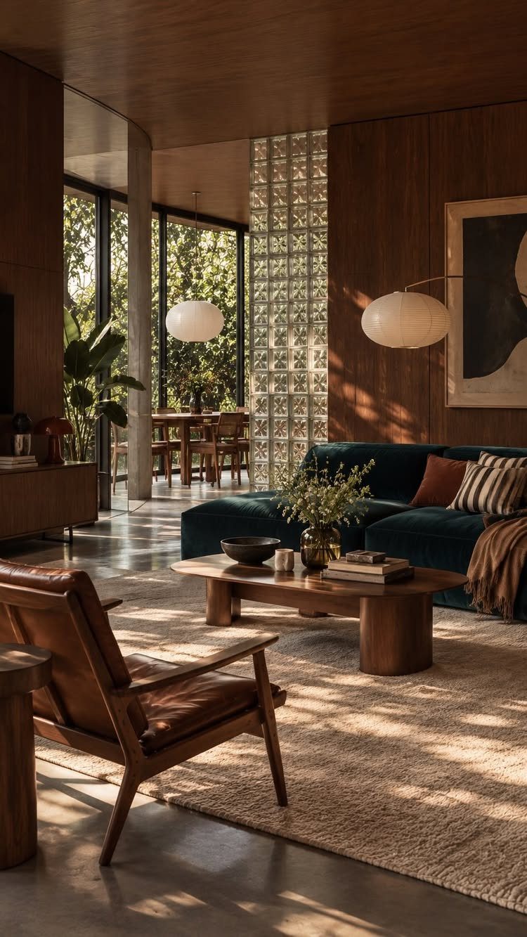 Mid-century modern living room with warm wood wall paneling, leather armchair, and teal sofa.