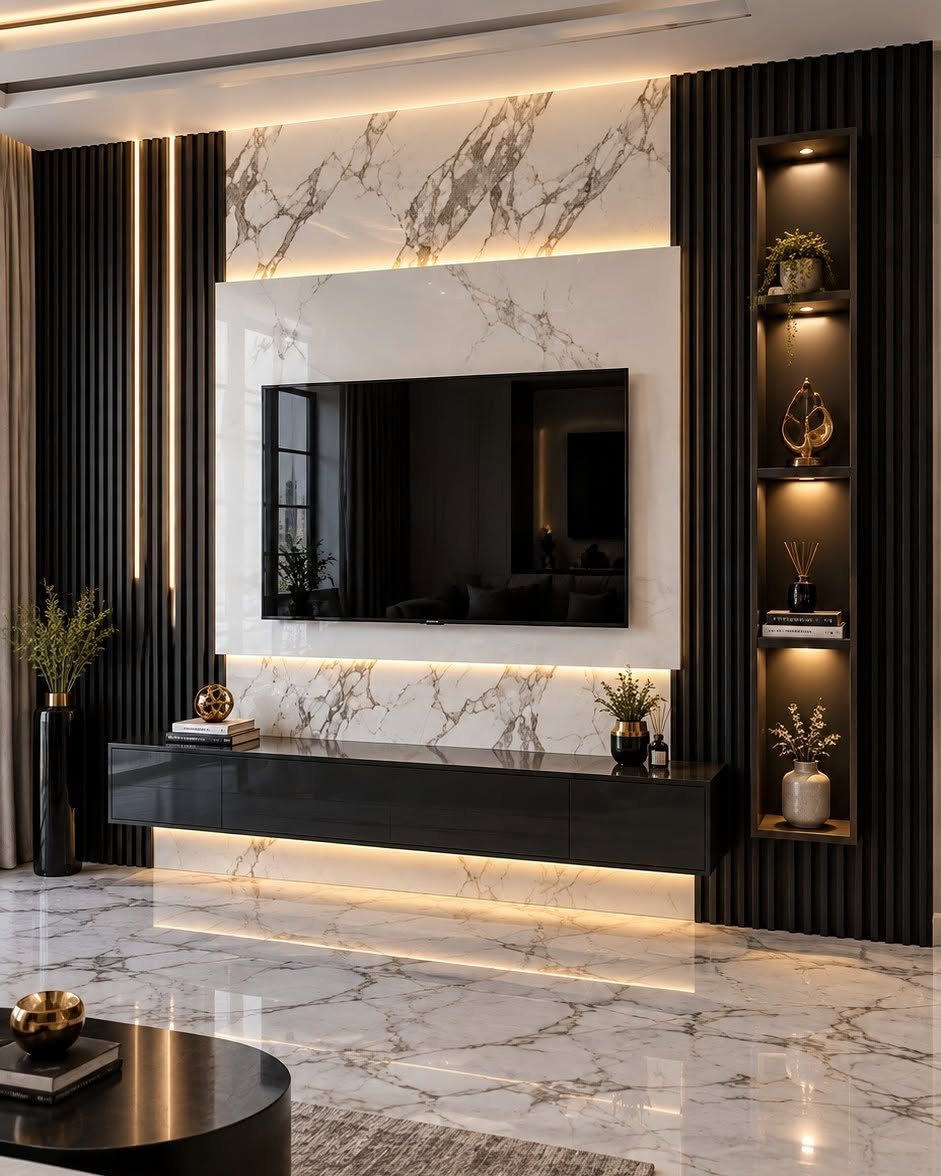 Modern living room with marble accent wall, black slatted panels, and integrated LED lighting.