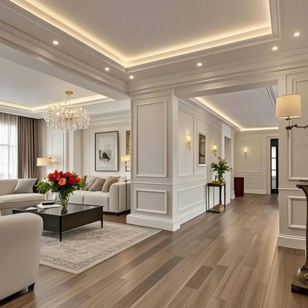 White walls with decorative panel molding in a bright, modern living room and hallway.