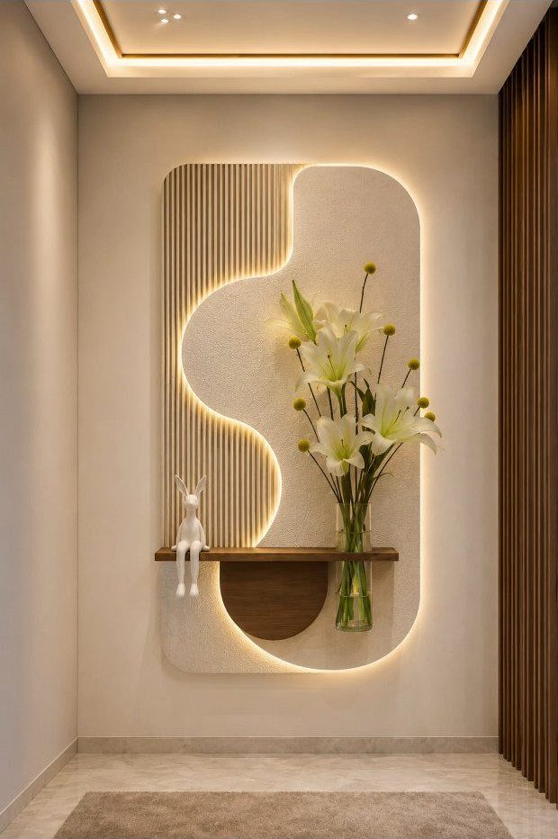Modern wall feature with backlit organic shapes, wooden slats, and a floating shelf with lilies.