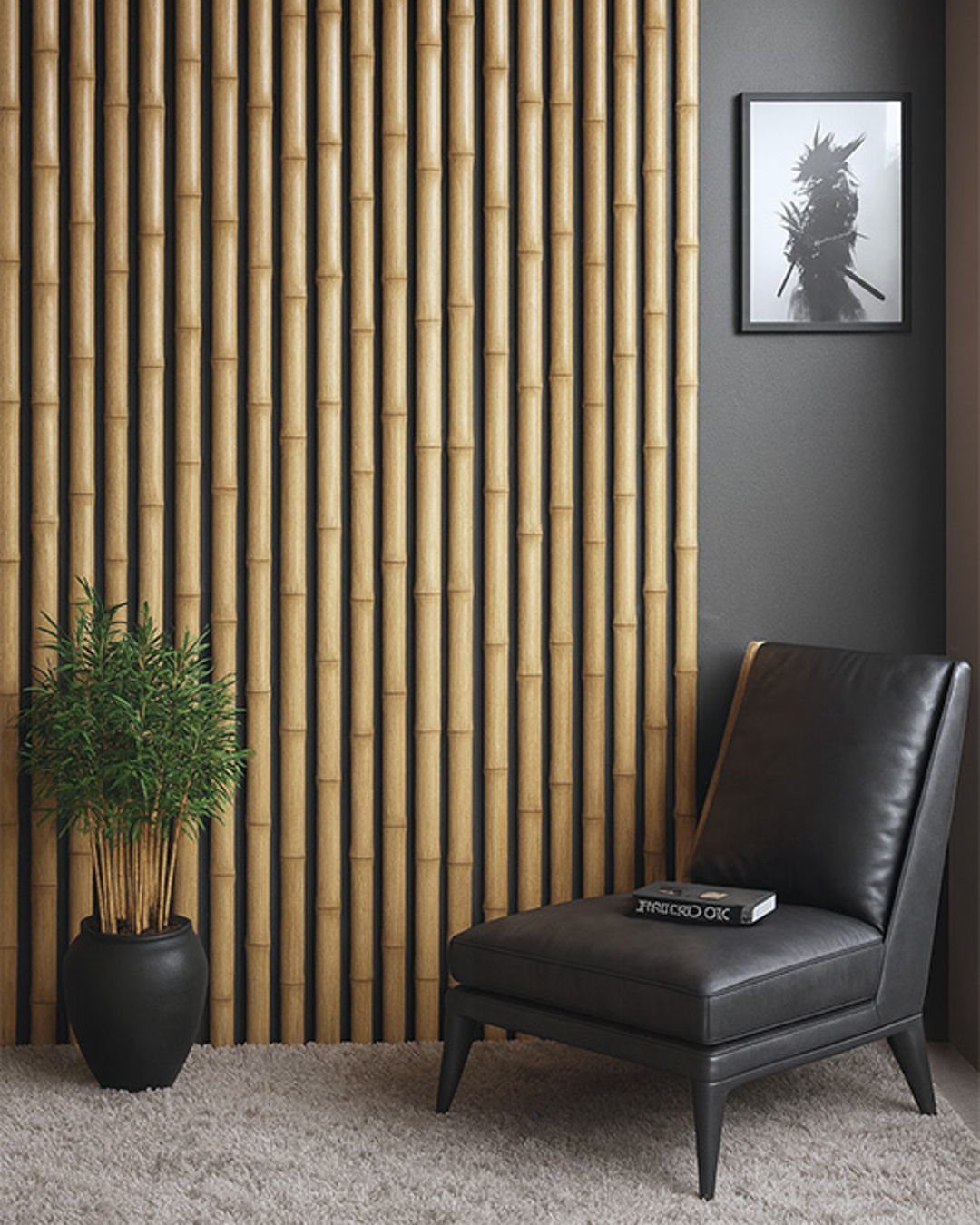 Vertical bamboo style slats covering a wall in a modern living space with a black chair.