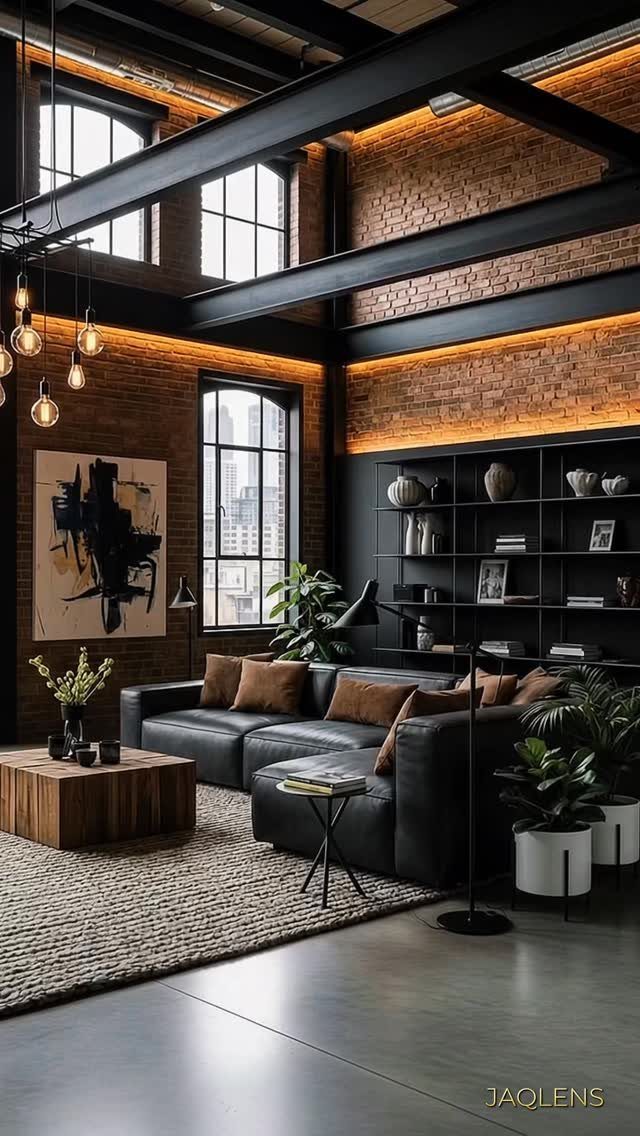 Industrial living room with red brick walls, black steel beams, and a dark leather sofa.