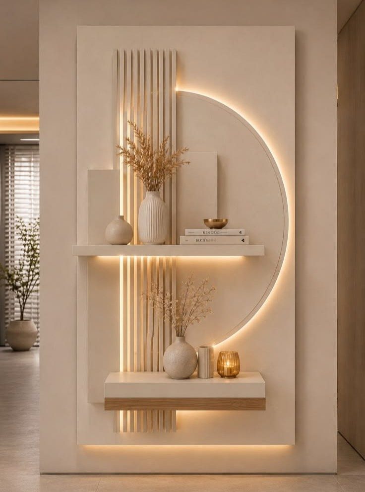 Modern beige wall feature with backlit geometric shapes, vertical slats, and floating shelves with decorative vases.