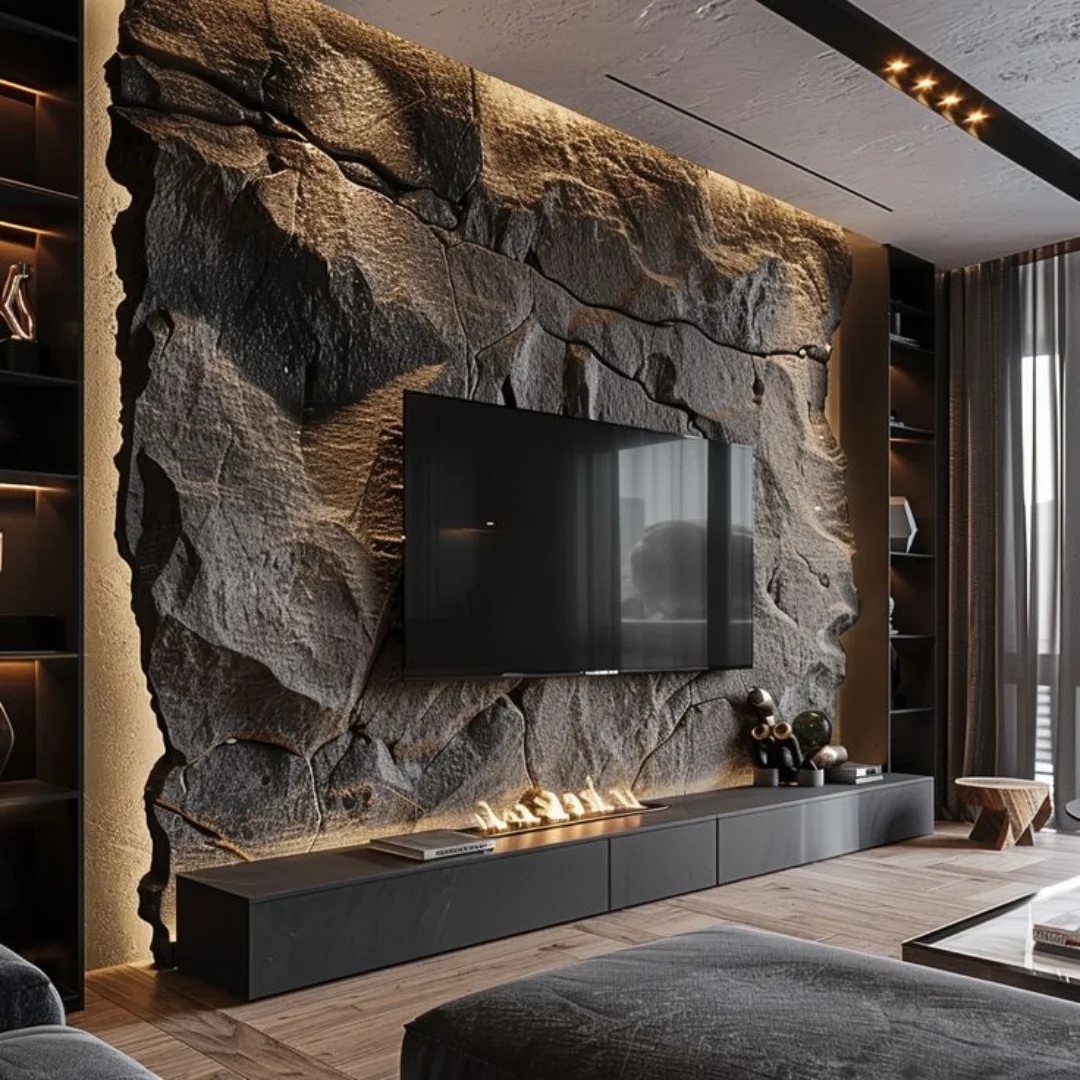Textured dark stone cladding wall behind a television and a modern fireplace console.