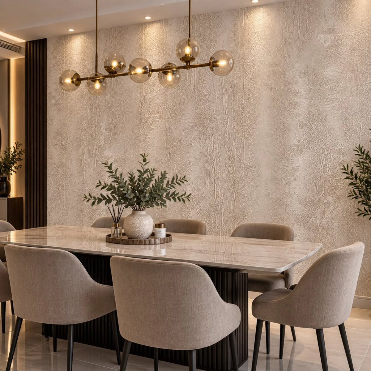 Textured beige wallpaper on a dining room wall behind a marble table and modern chandelier.