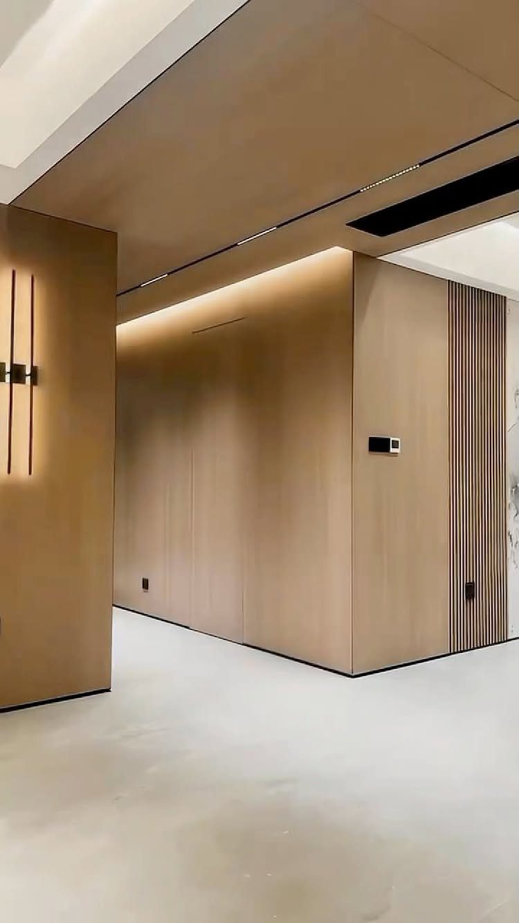 Light brown wood paneling covers the walls and ceiling in a modern minimalist room.