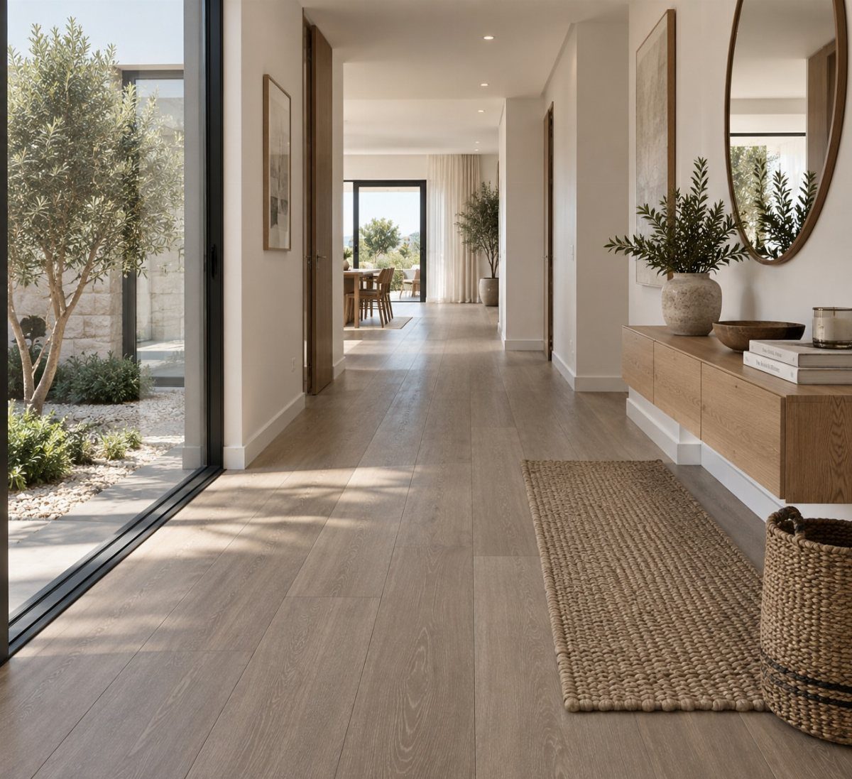 Light wood plank flooring extends through a bright, modern hallway towards a sunlit garden view.