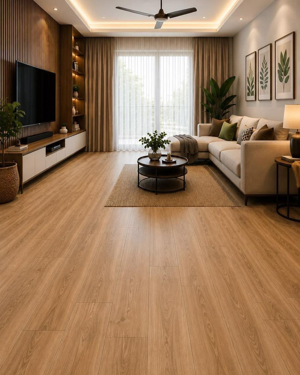 Light brown wood-look floor tiles in a modern living room with a sofa and television.
