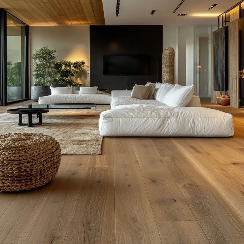 Light wood-look flooring planks in a modern living room with a white sofa and woven pouf.