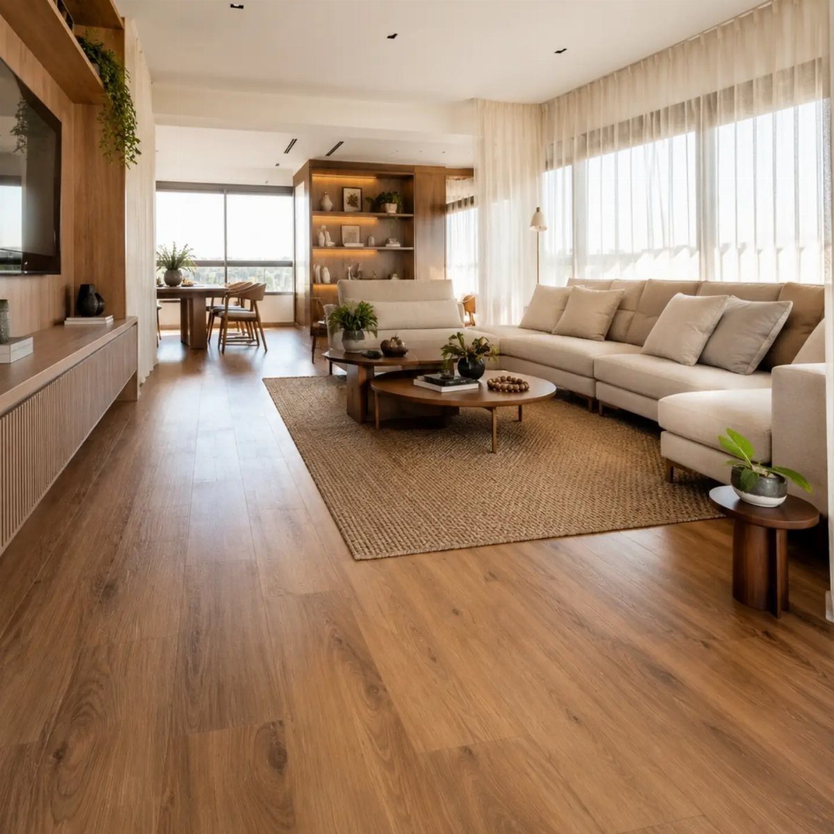 Warm wood-look flooring in a bright, modern living room with a beige sectional sofa.