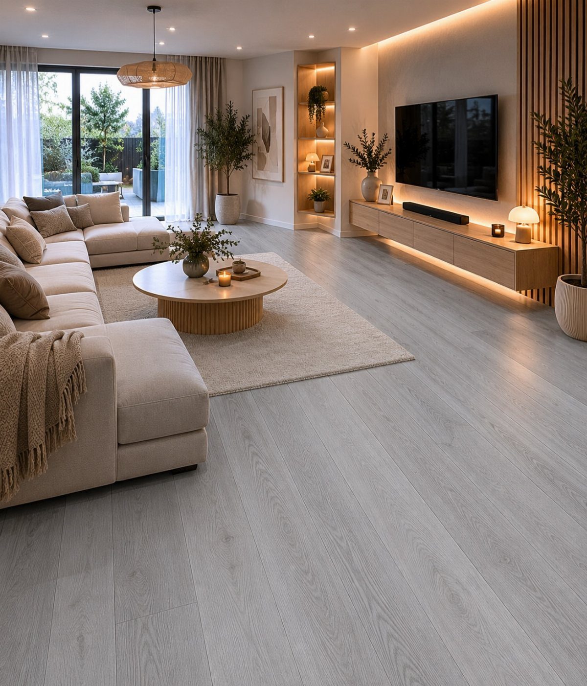 Wood Floor Colors: 5 Ideas for Every Room in 2026 5 Light gray wide-plank hardwood flooring in a modern, bright living room setting.
