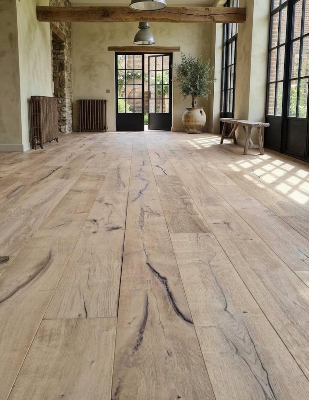 Light-colored wide plank wood flooring with natural grain patterns in a bright rustic room.