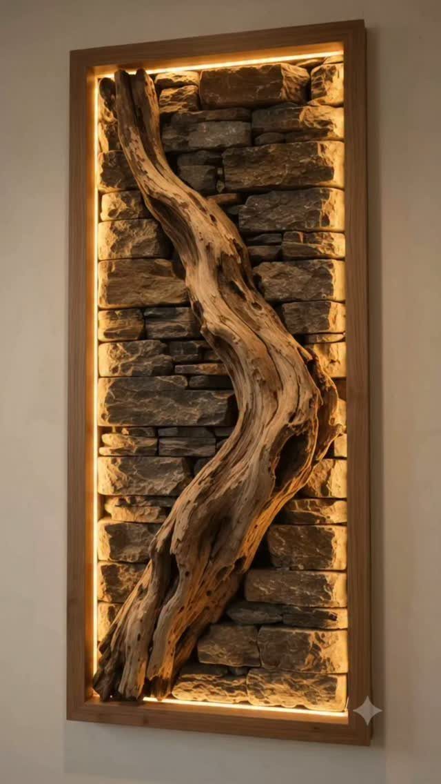 Driftwood mounted on a stone wall within a backlit wooden frame.
