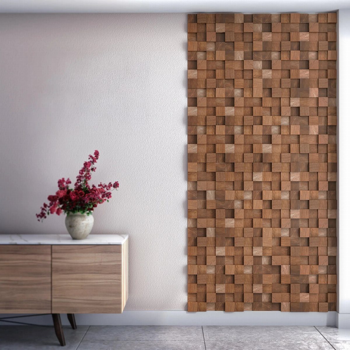 Textured wall decor made of many small wooden squares arranged in a geometric pattern.