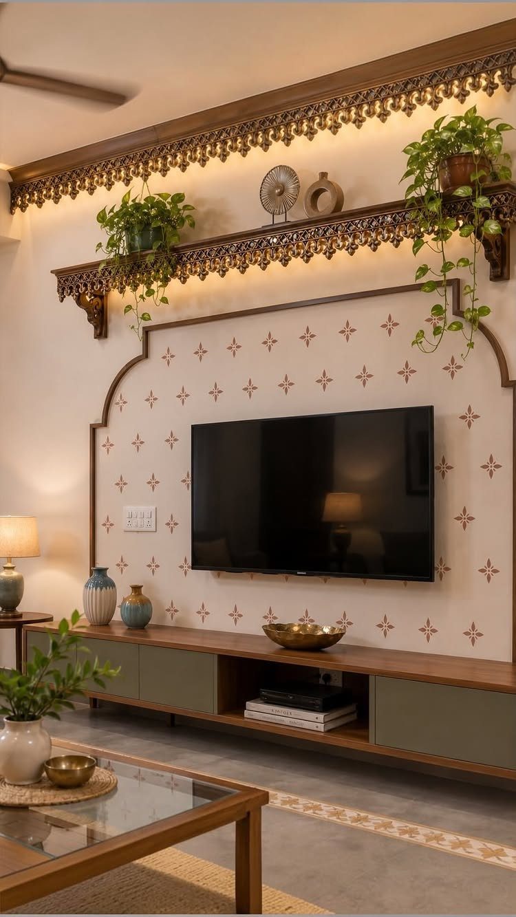 Ornate wooden wall trim and scalloped shelves decorating a living room wall with a television.