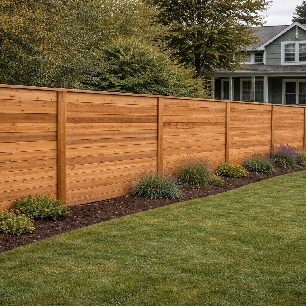 Wooden Privacy Fence: 12 Ideas That Define Your Yard 6 Horizontal wooden slat privacy fence bordering a green lawn and garden bed.