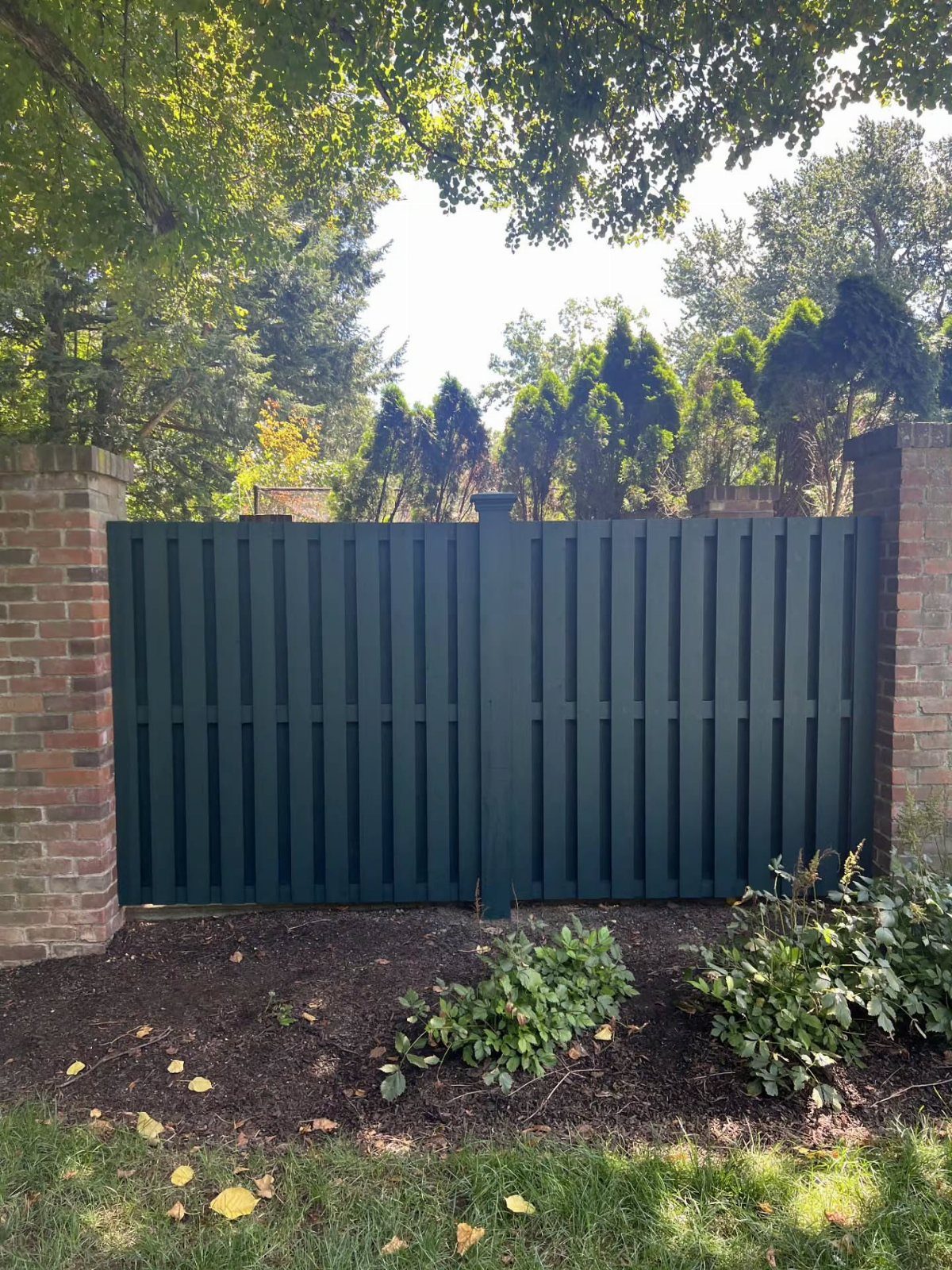 Wooden Privacy Fence: 12 Ideas That Define Your Yard 7 A dark green vertical board privacy fence positioned between two brick pillars in a garden.