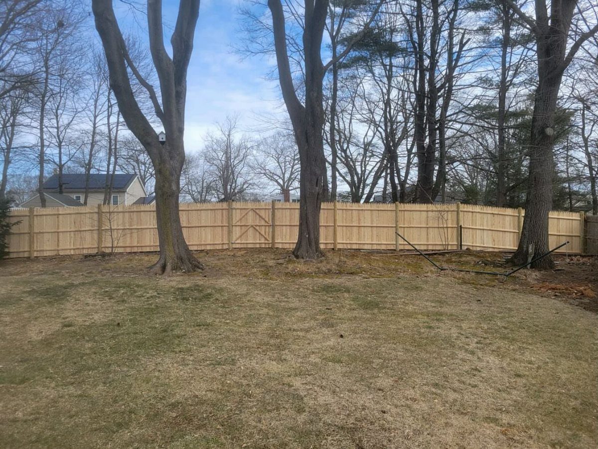 Wooden Privacy Fence: 12 Ideas That Define Your Yard 2 A long wooden privacy fence with vertical boards and pointed decorative tops in a yard.